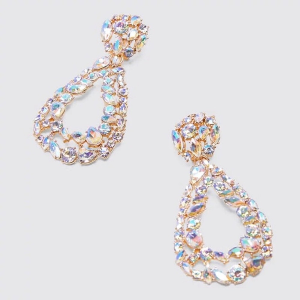 Anthropologie Gold Plated Iridescent Rhinestone Cluster Teardrop Cutout Earrings